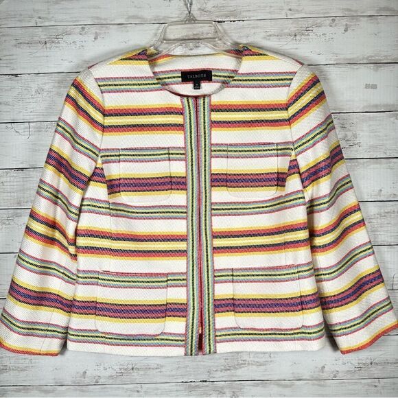 Talbots Ivory Acrylic Cotton Colorful Striped Textured Career Blazer Jacket 10 - Picture 1 of 7